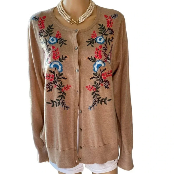 Novelty Embroidery Boho Soft Cozy Casual Cardigan Sweater Women Plus 1X Stretch - Picture 1 of 7